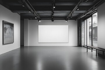 Poster - Modern Art Gallery Interior Minimalist Space with Blank White Canvas for Art Exhibition and Creative Showcase : Generative AI