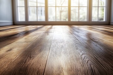 Poster - Warm Wood Floors and Bright Window in Empty Room Interior Design Background Home Decor Light Filtering Through Glass Panes : Generative AI