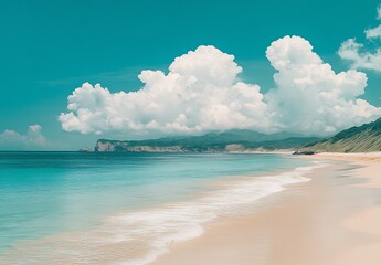 Poster - Serene Tropical Beach with Clear Waters and Fluffy Clouds Under Bright Blue Sky : Generative AI