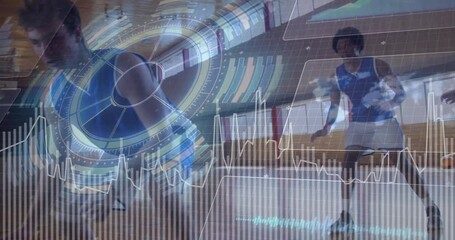 Poster - Athlete running in gym with digital data and graphics overlay animation