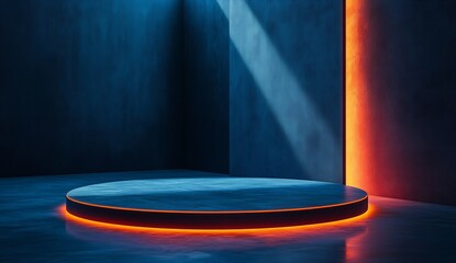 Poster - Round platform illuminated by striking orange light in a sleek blue environment ideal for presentations : Generative AI
