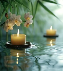 Aufkleber - Tranquil scene of candles floating in a serene water setting adorned with delicate orchids : Generative AI