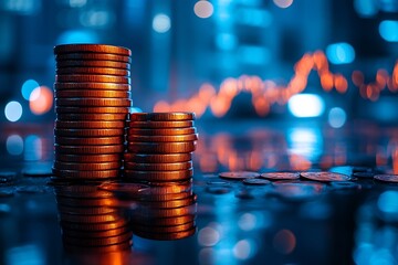 Poster - Stack of Copper Coins with Business Graph in Background Financial Investment and Wealth Growth Concept Economy and Market Trend : Generative AI