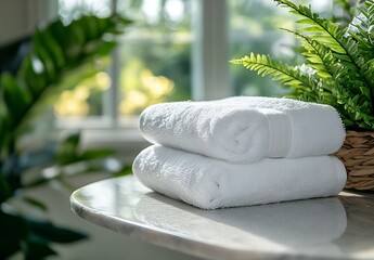 Poster - Spa Freshness Stacked White Towels on Marble with Lush Greenery Creating a Calming Bathroom Decor : Generative AI