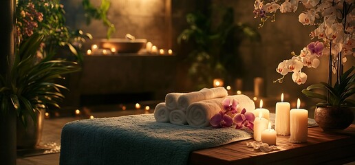 Aufkleber - Tranquil Spa Retreat Relaxing Massage Bed with Candles Flowers and Serene Ambiance for Wellness : Generative AI