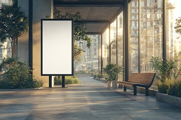 Poster - Urban Oasis Modern Cityscape Featuring a Blank Billboard Greenery and Sunlight A Perfect Blend of Nature and Architecture : Generative AI