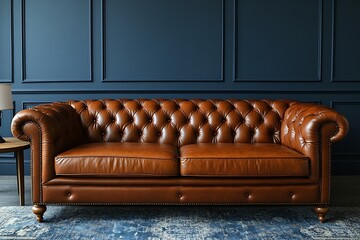 Poster - Elegant Brown Leather Chesterfield Sofa in a Classy Interior Design Living Room Couch Furniture Antique Style : Generative AI