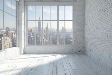Fototapete - Empty White Room with Brick Walls and City View Loft Apartment with Large Window Real Estate and Interior Design : Generative AI