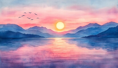Aufkleber - Beautiful watercolor landscape depicting sunset over tranquil lake with mountains and birds : Generative AI