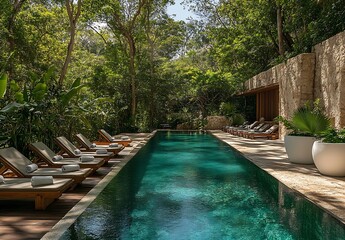 Poster - Serene poolside view surrounded by lush greenery creating a peaceful outdoor retreat atmosphere : Generative AI