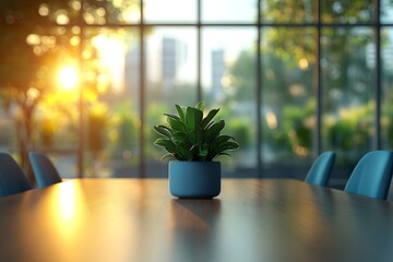 Poster - Indoor Plant on Conference Table with Sunlit Windows Modern Office Greenery Decoration and Interior Design : Generative AI