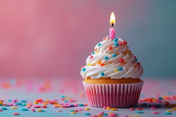 Poster - Delicious Birthday Cupcake with White Frosting Sprinkles and a Lit Candle Against a Dreamy Pink and Blue Gradient Background : Generative AI