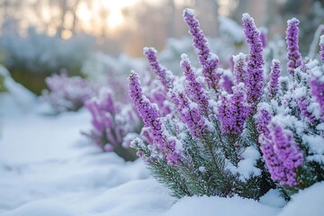 Poster - Winter Heather Bush Covered in Snow Capturing the Beauty of Nature and Serene Landscape in a Cold Season : Generative AI