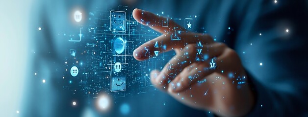 Poster - Digital Interface Hand Gesturing on Futuristic Screen Interacting with App Icons Tech Concept : Generative AI