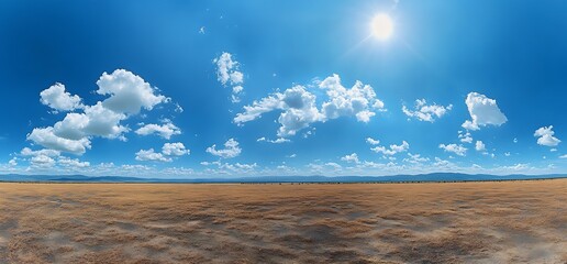 Aufkleber - Stunning panoramic view of a vast golden grassland under a bright blue sky with fluffy clouds : Generative AI