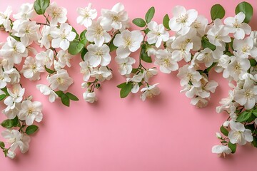 Poster - White Cherry Blossoms on Pink Background Floral Flat Lay for Spring Season Beautiful Flower Arrangement Delicate Petals : Generative AI
