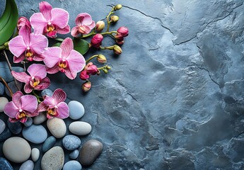 Poster - Elegant Pink Orchids on a Textured Stone Surface Creating a Calm Atmosphere : Generative AI