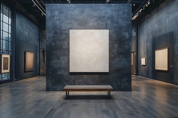 Poster - Modern Art Gallery Interior with Minimalist Painting and Bench Dramatic Lighting Reflective Floors Dark Walls Museum Exhibit : Generative AI
