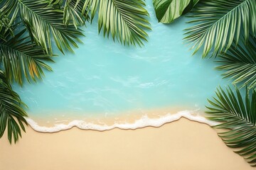 Aufkleber - Tropical Beach Paradise with Palm Leaves Teal Water and Golden Sand Summer Vacation Getaway Scenic Beauty : Generative AI