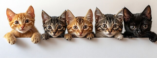 Aufkleber - Adorable Kitten Lineup Five Cute Cats Peeking Over White Ledge in a Row Perfect Pet Portraits : Generative AI