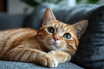Poster - Adorable Ginger Tabby Cat Lounging on Gray Couch Close Up Portrait of a Relaxed Feline Friend : Generative AI