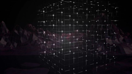 Poster - Floating glowing cube with grid pattern over mountainous landscape in animation