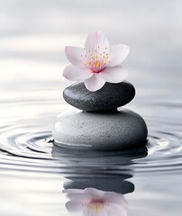 Aufkleber - Zen Still Life Pink Cherry Blossom on Stacked Stones in Water with Ripples Peaceful and Serene Image : Generative AI