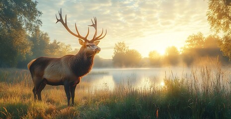 Aufkleber - Majestic Elk at Dawn A Serene Wildlife Scene in Misty Meadow Landscape with Golden Sunrise Over Lake : Generative AI