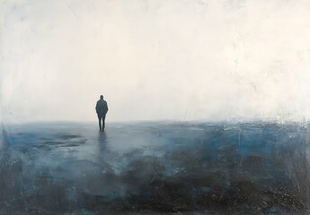 Poster - Solitary Figure Standing on Misty Horizon in Atmospheric Abstract Painting : Generative AI
