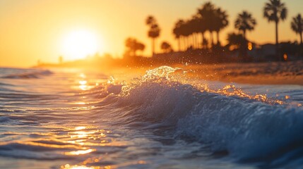 Wall Mural - golden sunset waves crashing on a tropical beach, illuminating the ocean with warm light and creatin