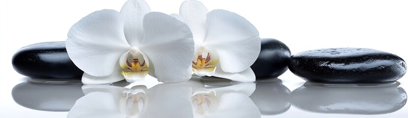 Aufkleber - Zen Still Life with White Orchids and Black Stones Reflecting in Water Serene Spa Scene for Relaxation : Generative AI
