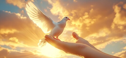 Aufkleber - Dove Spreading Wings While Displayed on a Hand Against a Majestic Sunset Sky : Generative AI