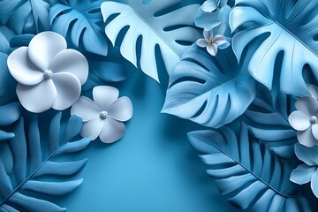 Poster - Elegant Blue Floral Arrangement Background Tropical Leaves and White Flowers for Creative Design Projects and Invitations : Generative AI