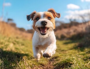 Aufkleber - Happy Jack Russell Terrier Running Towards Camera with Energetic Expression in Sunny Outdoor Setting : Generative AI