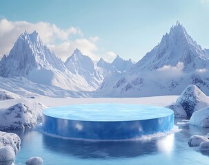 Aufkleber - Stunning panoramic view of an icy landscape with a circular frozen platform surrounded by majestic snowy mountains : Generative AI