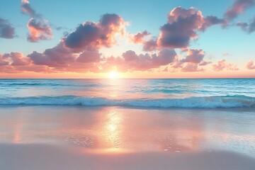 Poster - Vibrant Ocean Sunrise with Soft Pink Clouds at Sandy Beach Coastal Paradise Dreamy Tropical Scenery Peaceful Serene : Generative AI