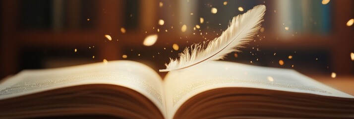 Aufkleber - Feather gracefully descends onto an open storybook in a magical and dreamy setting filled with soft light and enchanting atmosphere