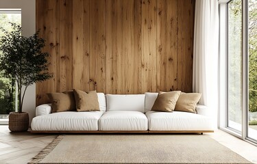 Poster - Modern Living Room Interior with White Sofa Wooden Wall and Natural Light Cozy Home Decor Inspiration for Relaxation : Generative AI