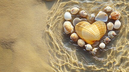 Wall Mural - romantic seashell heart nestled in golden water ripples, symbolizing love and tranquility of coastal