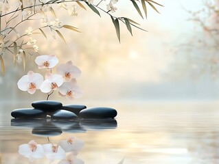 Poster - Peaceful composition of delicate orchids and black stones reflecting in tranquil water under a soft light environment : Generative AI
