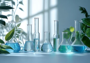 Aufkleber - Science Lab Glassware with Blue Liquid and Green Plants Still Life Photography Concept for Experiments and Research : Generative AI