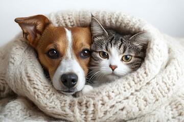 Poster - Adorable Dog and Cat Snuggled Together in a Cozy Blanket Pet Love Companionship and Warmth for Animal Lovers : Generative AI