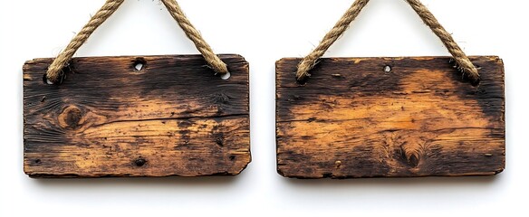 Aufkleber - Rustic Wooden Signage Two Hanging Blank Wood Signs with Rope on White Background for Custom Messages and Branding : Generative AI