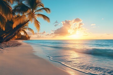 Aufkleber - Tropical Beach Sunset with Palm Trees and Gentle Waves A Peaceful Paradise Scene for Travel and Vacation Photography : Generative AI