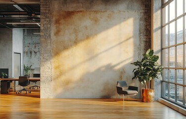 Leinwandbilder - Modern Office Interior Design Empty Workspace with Large Windows Natural Light Brick Wall Potted Plant Minimalist Desk Chair : Generative AI