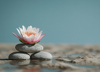 Fototapete - Zen Still Life Lotus Flower on Stacked Stones Tranquil Scene Peaceful Meditation Balance Harmony Wellbeing : Generative AI