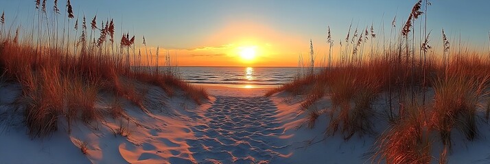 Aufkleber - Breathtaking Sunset over Sandy Beach with Dune Grass Tranquil Seascape Scenic Coastal Landscape and Warm Light : Generative AI
