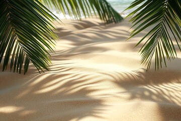 Fototapete - Tropical Beach Paradise Palm Trees Golden Sand and Gentle Ocean Waves in Summer Vacation Scene : Generative AI