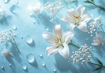 Poster - Fresh white lilies surrounded by droplets of water and gypsy flowers creating a refreshing atmosphere on a blue surface : Generative AI