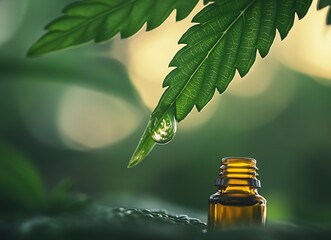 Poster - Close up of CBD Oil Bottle with Cannabis Leaf and Water Droplet Nature and Wellness Concept : Generative AI